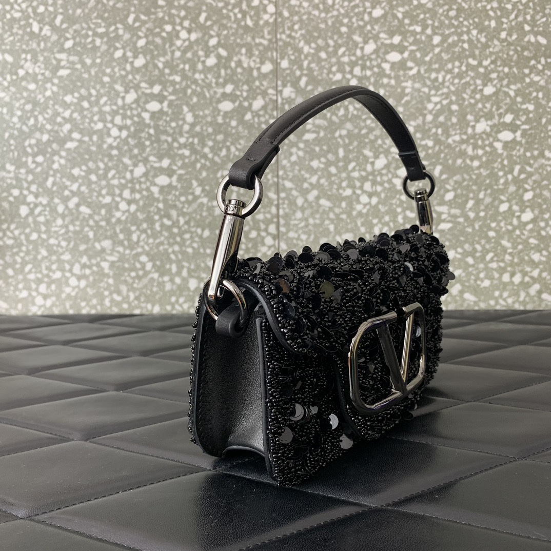 Valentino Garavani Loco Small Embroidered Shoulder Bag with Black Beaded Fringes